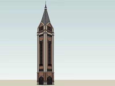 Tall Brown And Beige Tower With Pointed Spire And Arched Windows 3d model