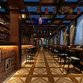 Retro Restaurant Interior Featuring Brick Walls Wooden Decor Colorful Flags And Patterned Floor Tiles