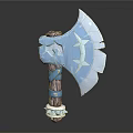 Ornate Ice Blue Axe With Crystal Carvings And Decorative Wooden Handle Design
