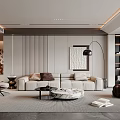 Elegant Modern Living Room Interior With Beige Sofa Floor Lamp Artwork And Area Rug
