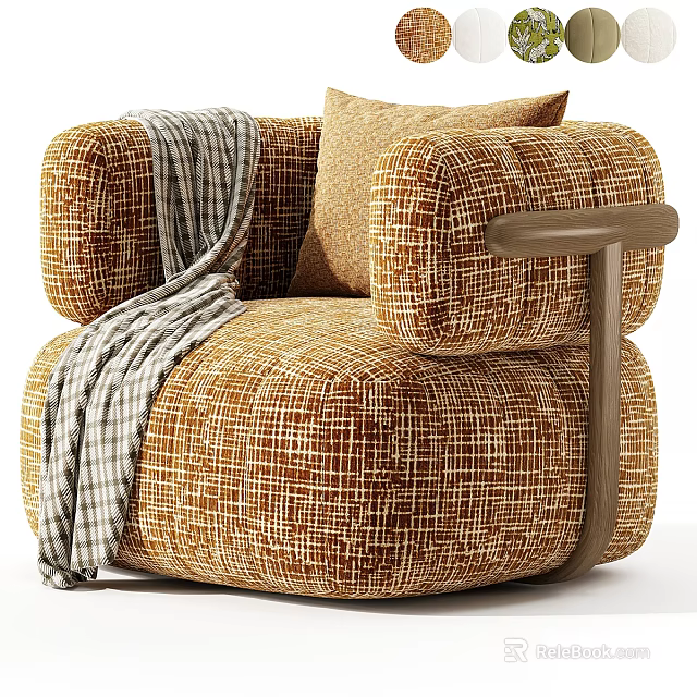 Cozy Tan Textured Single Sofa With Plaid Blanket And Wooden Armrest 3d model 