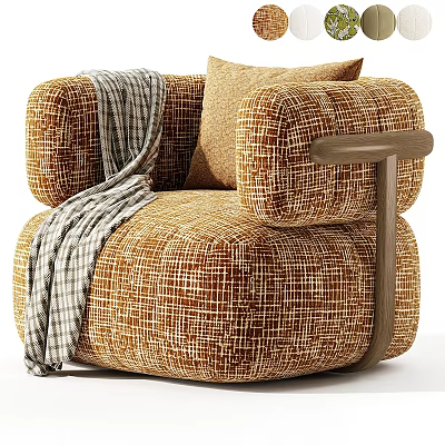 Cozy Tan Textured Single Sofa With Plaid Blanket And Wooden Armrest 3d model