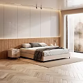 Modern Double Bed Bedroom Interior With Wooden Headboard White Nightstands Gray Blanket And Pillows