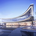 Modern Sales Office Building Architectural Design With Curved Glass Facade And Water Reflection