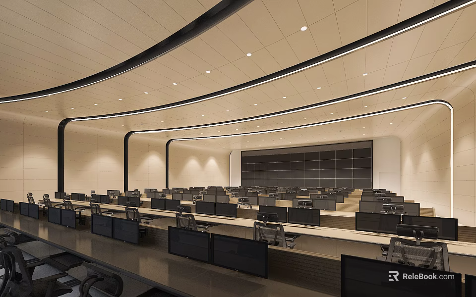 Modern Large Conference Room Featuring Staircase Seating Projection Screen And Elegant Lighting Design 3d model 