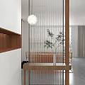 Modern Entryway Hall With Wooden Slat Screen White Pendant Light And Green Plant