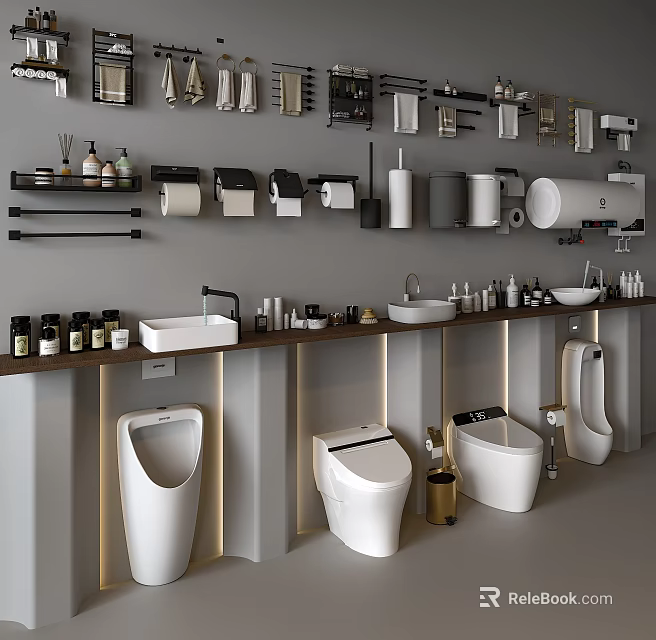 Modern Complete Bathroom Set with Toilets Sinks Storage Racks and Accessories 3d model 