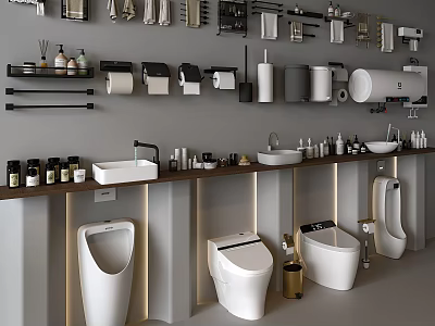 Modern Complete Bathroom Set with Toilets Sinks Storage Racks and Accessories 3d model