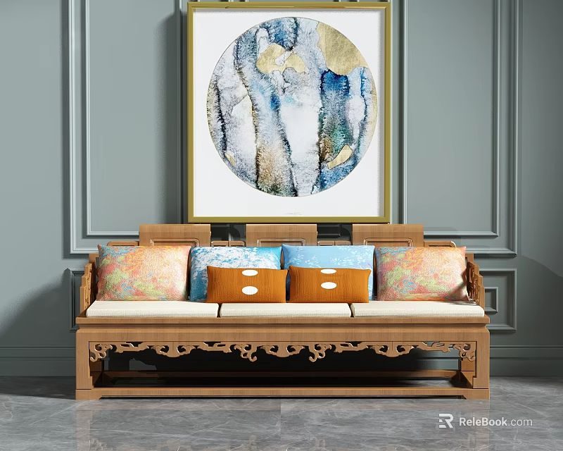 Wooden Carved Three-Seater Sofa with Colorful Cushions and Round Abstract Painting on Gray Wall 3d model 