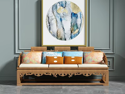 Wooden Carved Three-Seater Sofa with Colorful Cushions and Round Abstract Painting on Gray Wall 3d model