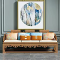 Wooden Carved Three-Seater Sofa with Colorful Cushions and Round Abstract Painting on Gray Wall
