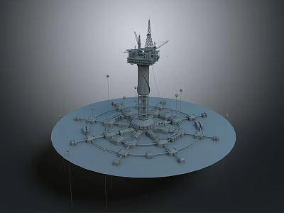 Offshore Oil Drilling Platform Structure With Tower Circular Base And Support Equipment 3d model