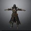 Detailed Fantasy 3D Character Model With Hooded Robe Armor Belt And Outstretched Arms