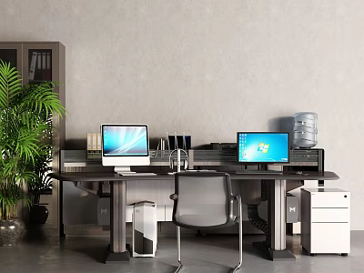 Modern Office Desk Setup With Two Computer Monitors Office Supplies Green Plant And Water Dispenser 3d model