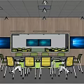Modern School Meeting Room With Round Table Green Chairs Large Screens And Wooden Walls