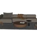 Modern Beige Sofa with Throw Pillows Woven Blanket and Round Brown Coffee Table Set 3d model