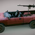Rusty Red Convertible Pickup Truck Featuring Open Bed And Mounted Equipment