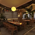 Cozy Restaurant Interior With String Lights Bunting Flags Palm Trees Pebble Floor And Sunset Decoration