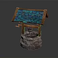 Traditional Well Structure With Blue Tiled Roof Wooden Frame And Stone Base