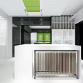 Modern Retail Store Interior Design With White Counter Green Ceiling And Display Shelves
