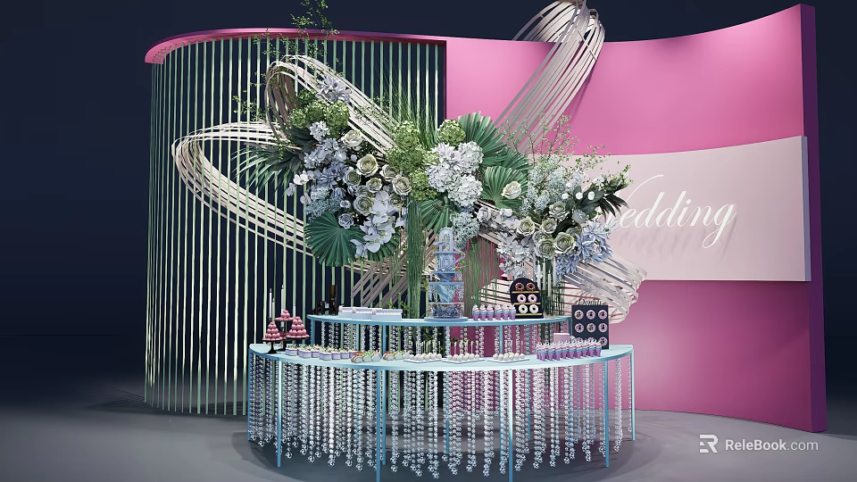 Elegant Wedding Tea Break Area With Floral Decorations Pink Backdrop And Decorative Table 3d model 