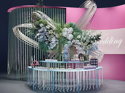 Elegant Wedding Tea Break Area With Floral Decorations Pink Backdrop And Decorative Table 3d model