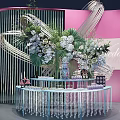 Elegant Wedding Tea Break Area With Floral Decorations Pink Backdrop And Decorative Table