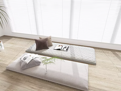 Cozy Home Tatami Mats With Pillows Books Green Plant Vase On Wooden Floor White Blinds 3d model
