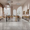 Modern Beige Boutique Store With Display Shelves Green Plants Lighting Large Screen And Night View