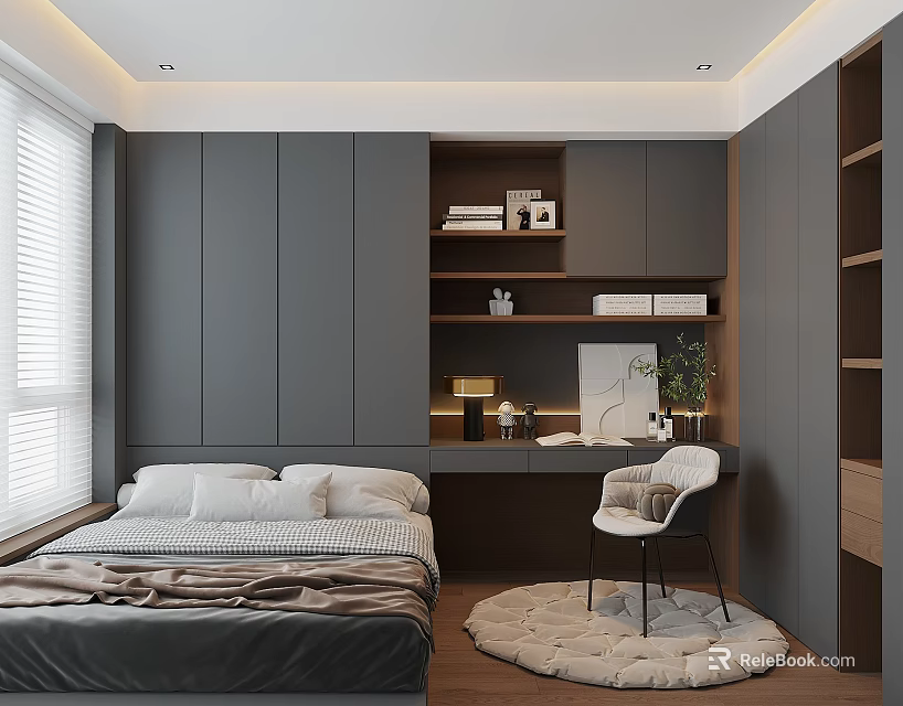 Modern Tatami Bedroom Interior With Grey Storage Cabinets Desk Chair And Window Blinds 3d model 