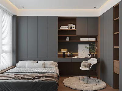 Modern Tatami Bedroom Interior With Grey Storage Cabinets Desk Chair And Window Blinds 3d model