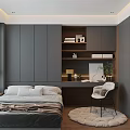 Modern Tatami Bedroom Interior With Grey Storage Cabinets Desk Chair And Window Blinds