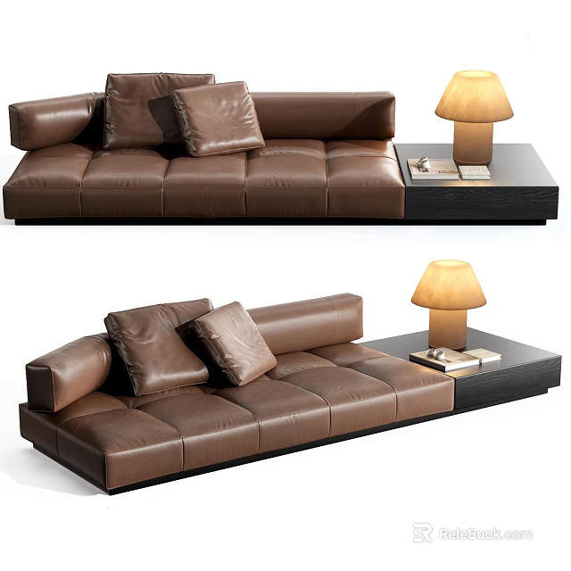 Modern Brown Leather Sectional Sofa With Pillows And Coffee Table Lamp Decor 3d model