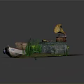 Rustic Waterside Scene With Wooden Boat Gramophone Small Bench Flowers And Green Grass