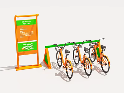 Art Installation for Public Bike Parking with Orange Signage and Bicycle Racks 3d model