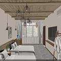 Hotel Room With Wooden Ceiling Metal Pendant Lights Twin Beds Large Windows And Greenery View