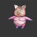 Cute Pink Cartoon Pig With Brown Hair Blue Eyes Chubby Body Standing On Black Background