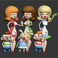 Happy Cartoon Game and Movie Characters With Female Aprons Holding Ice Cream and Children