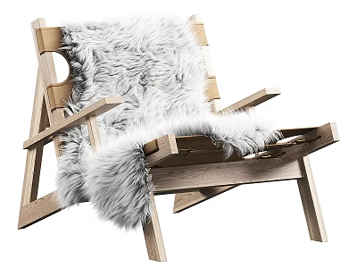 Natural Wooden Frame Leisure Chair With White Fluffy Fur Throw And Comfortable Minimalist Design 3d model