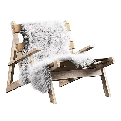 Natural Wooden Frame Leisure Chair With White Fluffy Fur Throw And Comfortable Minimalist Design 3d model