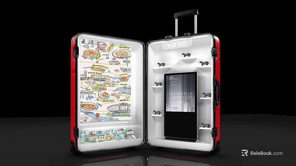 Open Red Suitcase Interior With Hand Drawn Illustrations Tablet And MAKE Text 3d model 