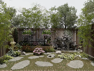 Rockery Stones in Courtyard Garden With Green Trees Colorful Flowers Stone Path and Wooden Fence 3d model