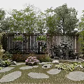 Rockery Stones in Courtyard Garden With Green Trees Colorful Flowers Stone Path and Wooden Fence
