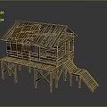Rustic Wooden Building With Dilapidated Roof Stilt Supported Structure And Wooden Stairs