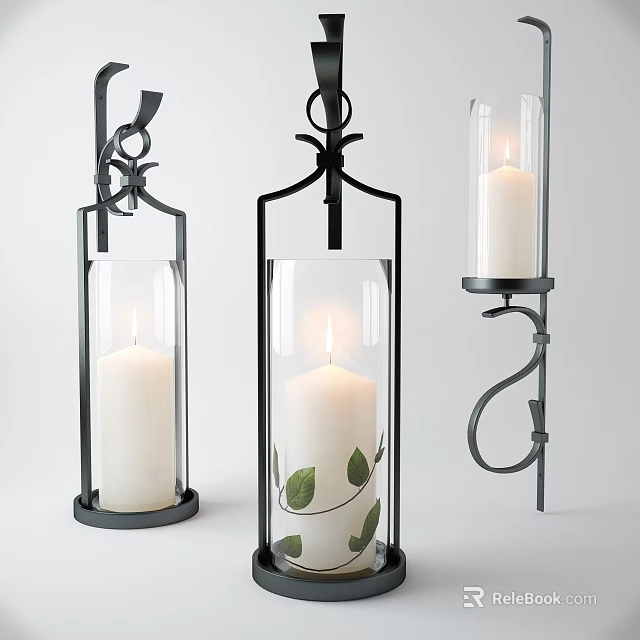Elegant Black Metal Frame Candle Lamps With Glass Shade White Candle And Leaf Decoration 3d model 