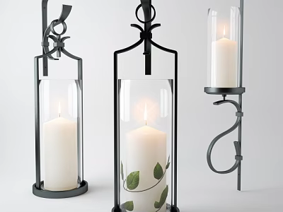 Elegant Black Metal Frame Candle Lamps With Glass Shade White Candle And Leaf Decoration 3d model