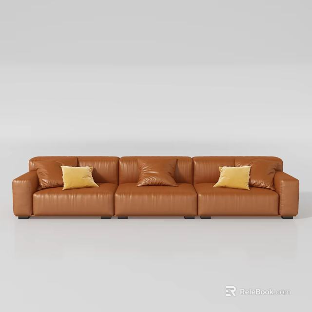 Brown Leather Double Sofa Featuring Yellow Accent Pillows And Modern Design 3d model