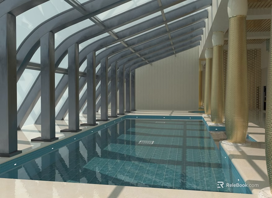 Spacious Indoor Swimming Pool Area With Glass Roof Columns And Tiled Floor Design 3d model 