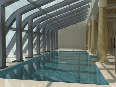 Spacious Indoor Swimming Pool Area With Glass Roof Columns And Tiled Floor Design 3d model
