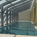 Spacious Indoor Swimming Pool Area With Glass Roof Columns And Tiled Floor Design